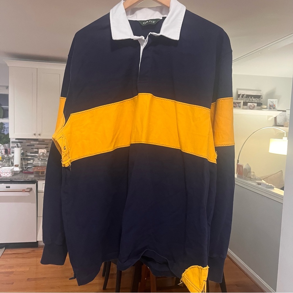 Orvis - Polo Shirt Mens Blue Yellow Stripe Long Sleeve Rugby Preppy Casual XL